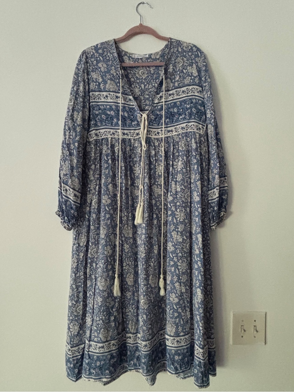 R.Vivimos Womens L 12/14 Blue Floral Boho Midi Dress Tassel Tie Long Sleeve